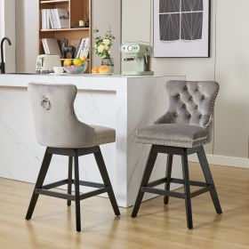 Swivel Velvet Barstools with Button Tufted Decoration and Wooden Legs, and Chrome Nailhead Trim, Leisure Style Bar Chairs,Bar stools, Set of 2 (G