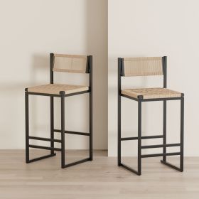 Kitchen Bar Stools with Footrest Set of 2 Paper Rope Weave Dining Chairs Counter Height Barstool (Style B Black & Honey)