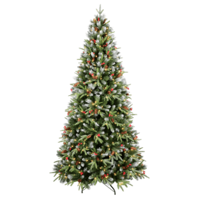Artificial 5ft Green LED-lit Christmas Tree With 1113PE PVC Mixed Branch Tips,Red Fruit And Pine Cone,Hinged Premium & Foldable Base For Indoor H (Color: Green)