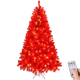 6 FT Pre-lit Artificial Christmas Tree, Hinged Xmas Pine Tree With 800 Branch Tips, 300 Lights And Remote Control For Holiday Party Office Home, (Color: Red)