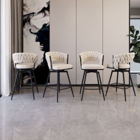 26" Bar Chair Suede Woven Bar Stool Set of 4,Black legs Barstools No Adjustable Kitchen Island Chairs (Color: White)