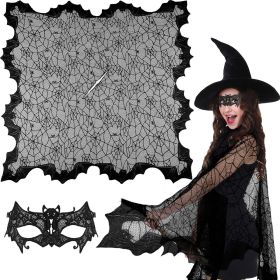 2 Pcs Halloween Poncho For Women Black Bat Spider Web Poncho And Lace Mask Masquerade Mask Halloween Party Cosplay Costume Accessory Day Of The D (Color: Black)
